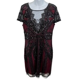Gorgeous Black‎ Beaded Sequin Overlay Illusion Neckline Evening Dress Size Large